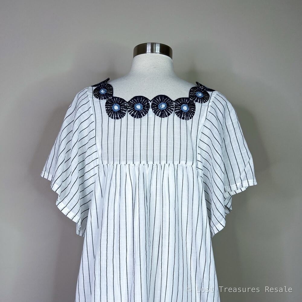 Madewell | White Navy Stripe Embroidered Flutter Sleeve Shift Cotton Dress Small - Picture 7 of 10